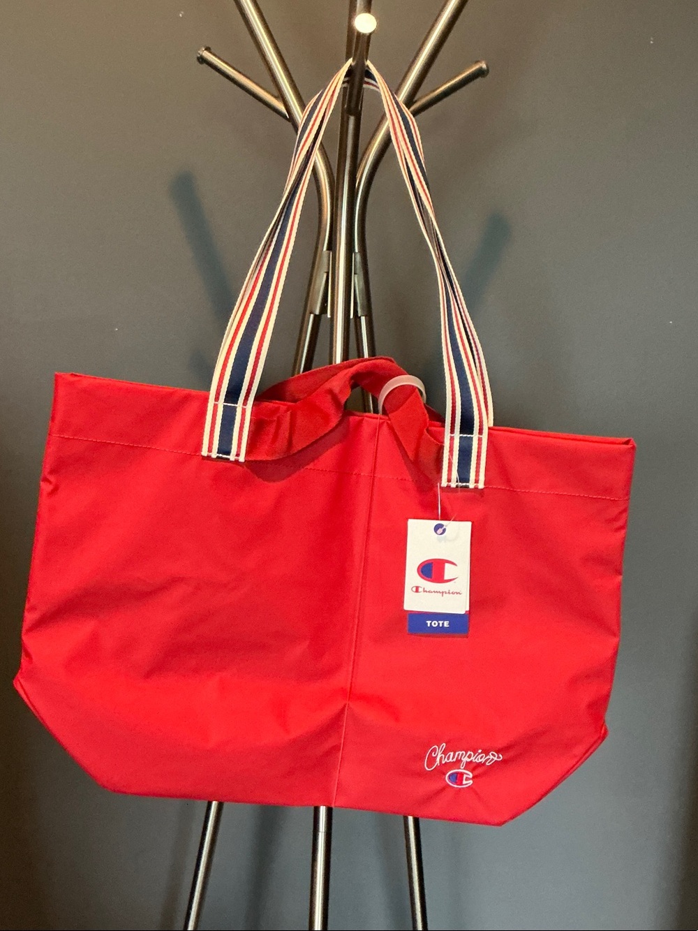 Champion Red Tote with Navy-Trim Striped Handles